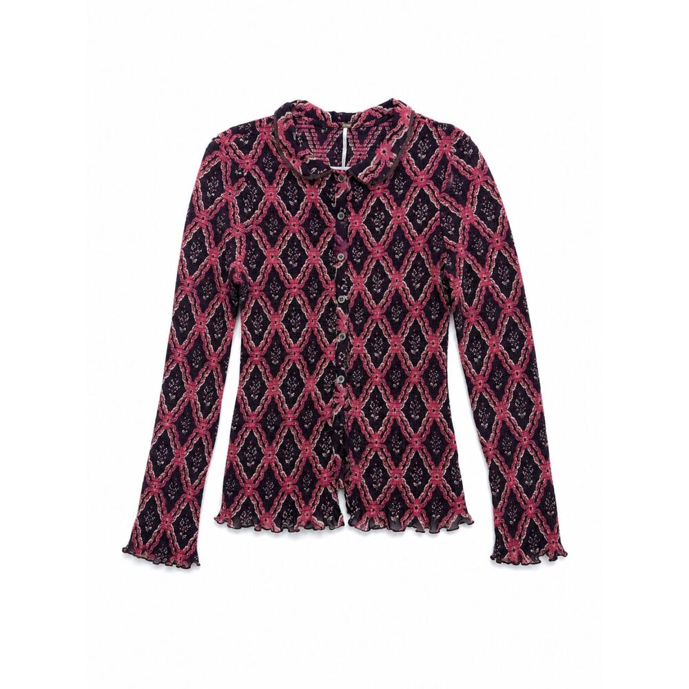 Free People Caught A Feeling Cardi Mesh Smocked Shirt Sz L Boho Brown Combo